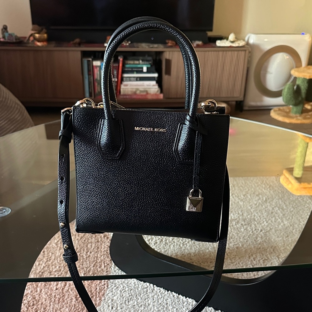 Michael Kors Black Pebbled Leather Mini Satchel with Gold Hardware
